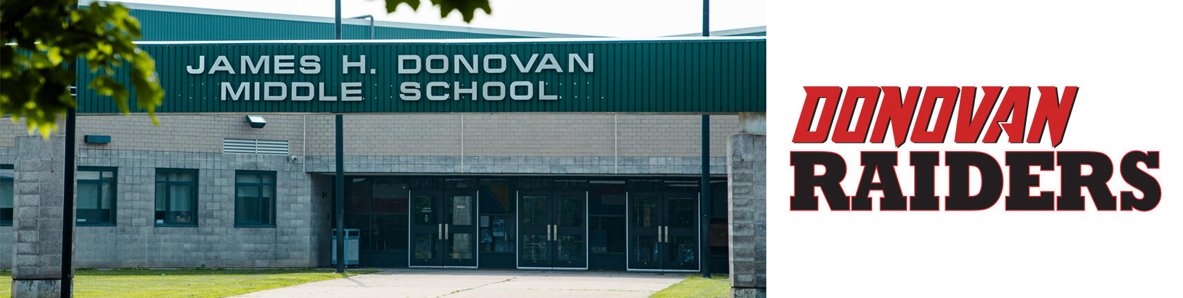 Слика зграде Донован школе и логотипа Донован Рејдерс